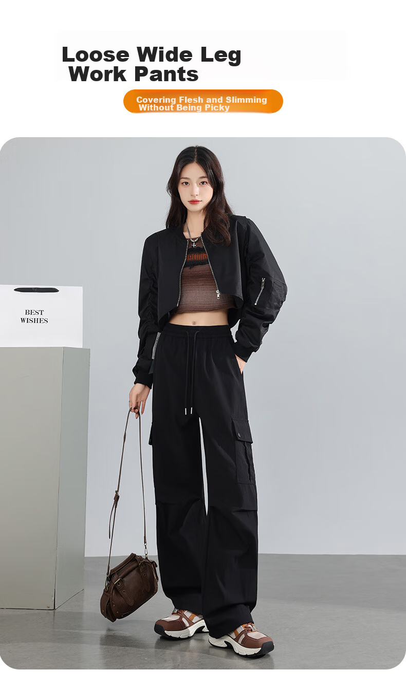 FitonTon American-Style Cargo Pants for Women, Autumn And Winter Style, Trendy Slimming Lazy Pants, Sports Casual Wide-Leg Pants, Two-Way Wear Hiking Pants XL 1