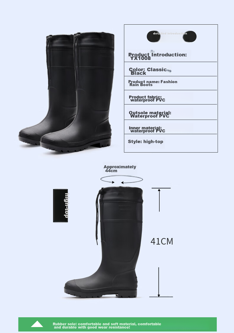 Lanoudun Men's Tall Waterproof Rain Boots, Outdoor Non-Slip Rubber Shoes, Wear-Resistant Rain Boot Covers YX1008 Size 40 5