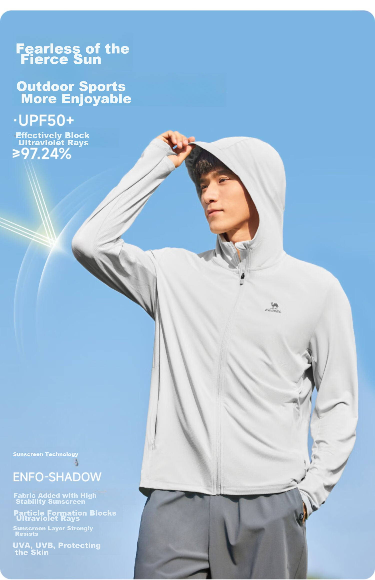 CAMEL Sun Protection Clothing for Men And Women, New Summer Outdoor Sports Wear, Original Yarn Cool-Feeling Sun Protection Loose Hooded Top Thin Jacket 8