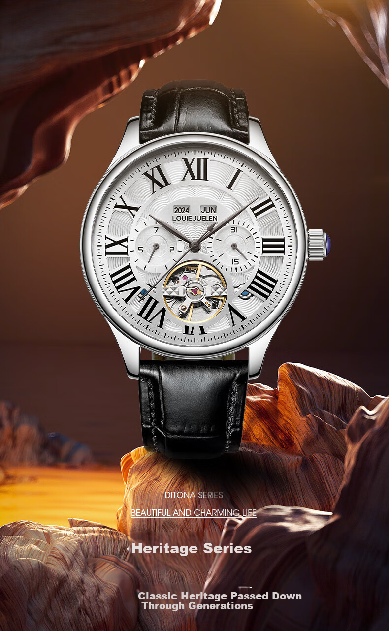 LOUIE JUELEN Men's Mechanical Watch, Student Fully Automatic Genuine Product, Skeleton Tourbillon, Business Style, Silver Case with White Dial And Steel Strap 1