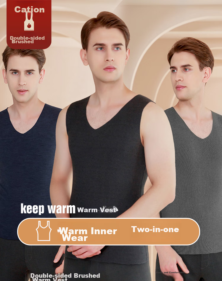 LangSha Men's Thermal Vest, Slim Fit Autumn Undershirt, Seamless Undershirt, Thin Warm Top, Wide Shoulder Sleeveless Vest, Black 1