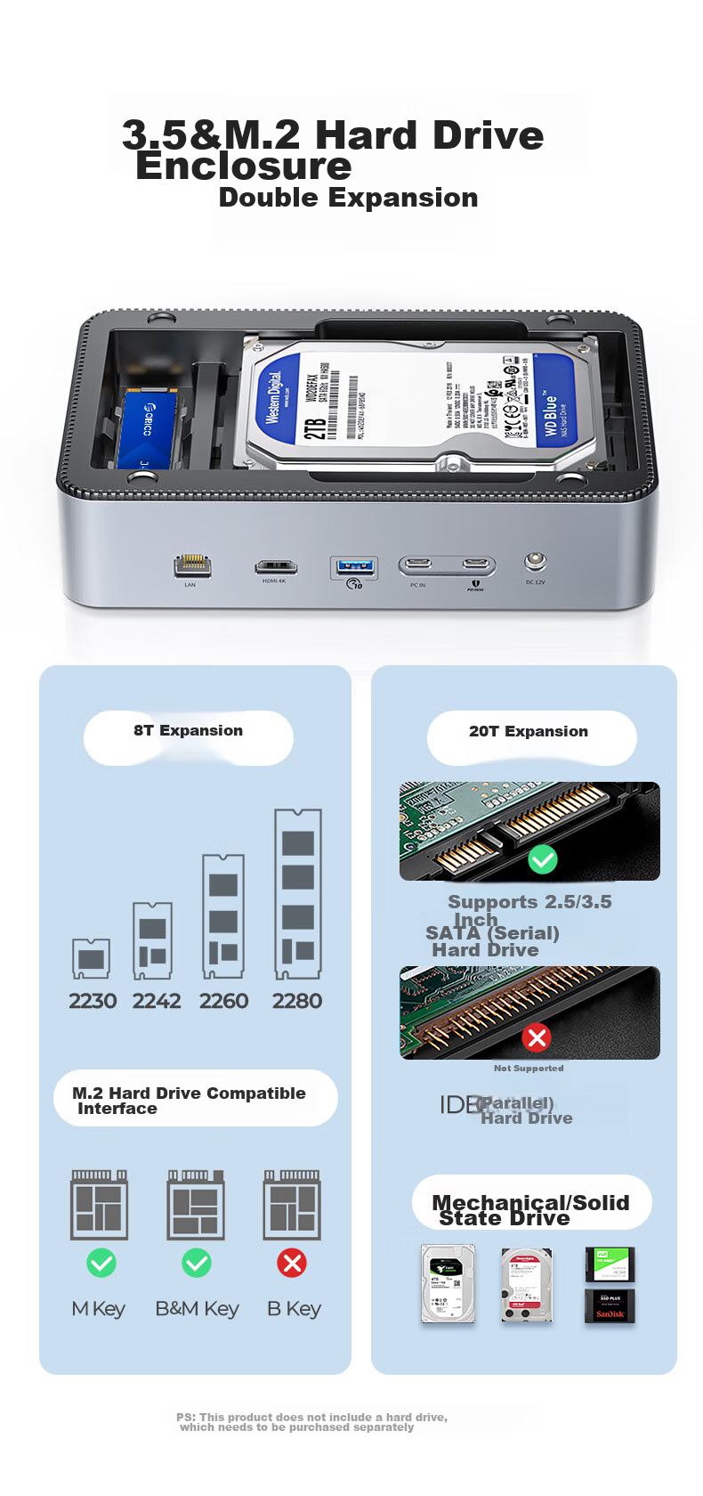 ORICO Hard Drive Enclosure Expansion Dock M.2/3.5 Inch SSD Enclosure Type-C Converter USB3.2 High-Speed USB-C to HDMI Network Port Desktop Expansion Dock D35M2 5