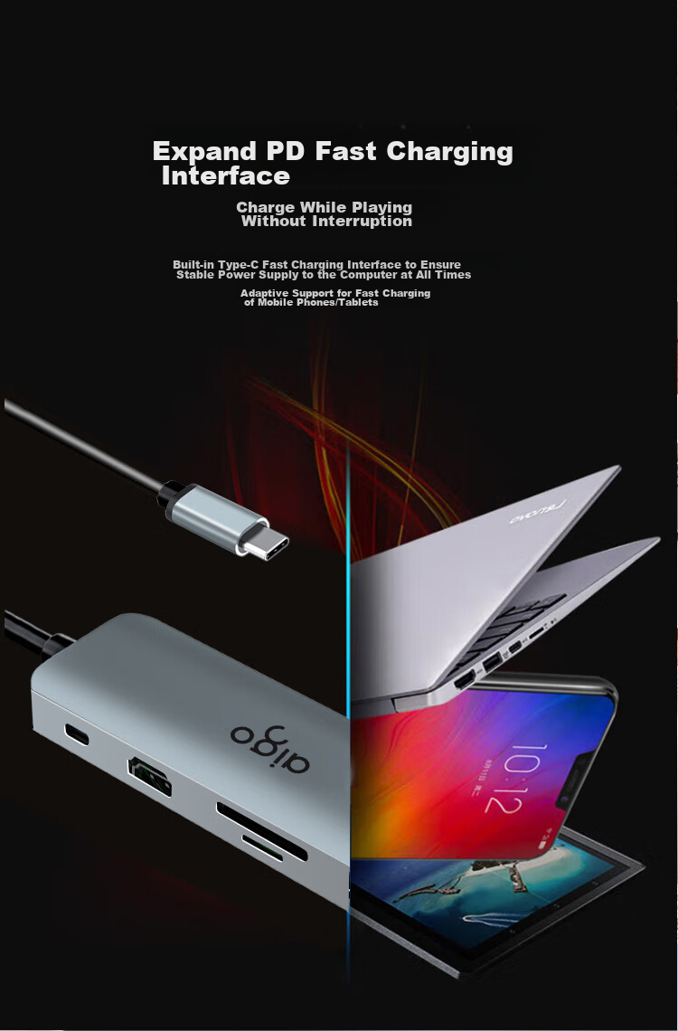 Aigo Type-C Expansion Dock, USB3.0 Hub, Gigabit Ethernet Port, HDMI Adapter, SD/TF Card Reader Converter, USB Expansion Dock, PD100W Fast Charging, K08 (Metal) 10
