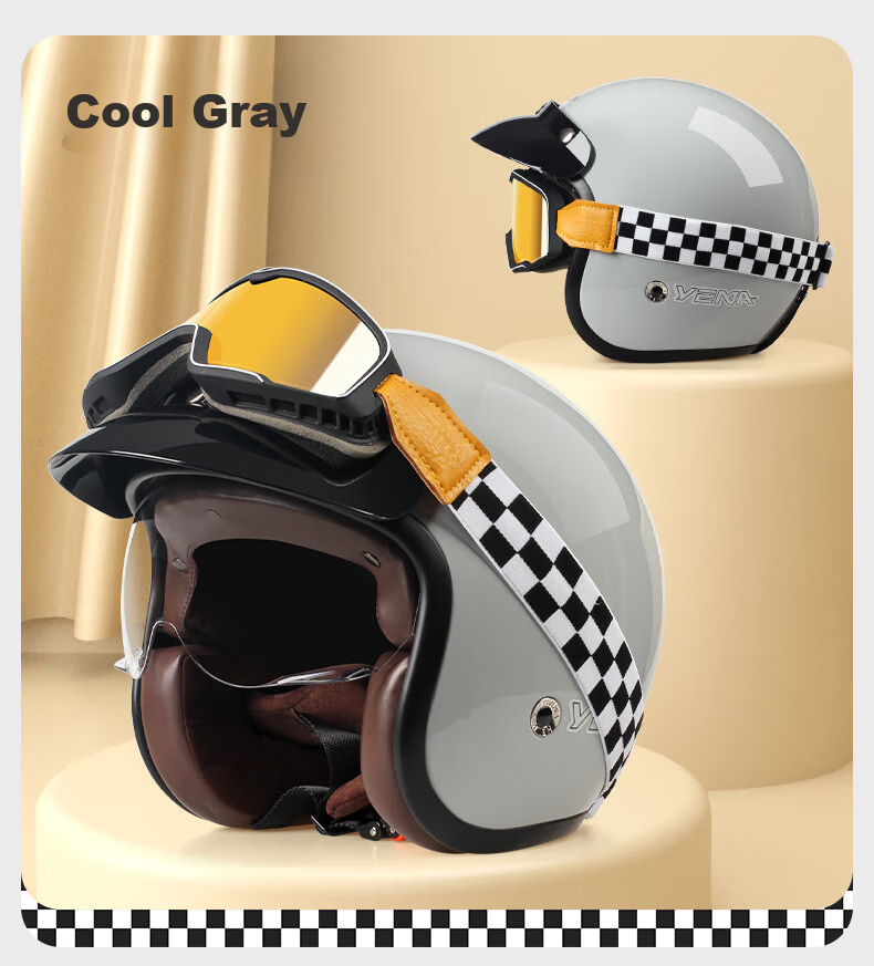 YEMA Helmet, 3C Certified New National Standard, Retro Cruise Motorcycle 3/4 Helmet, All-Season Universal Electric Motorcycle Safety Helmet, Cool Gray + Colorful Goggles 16