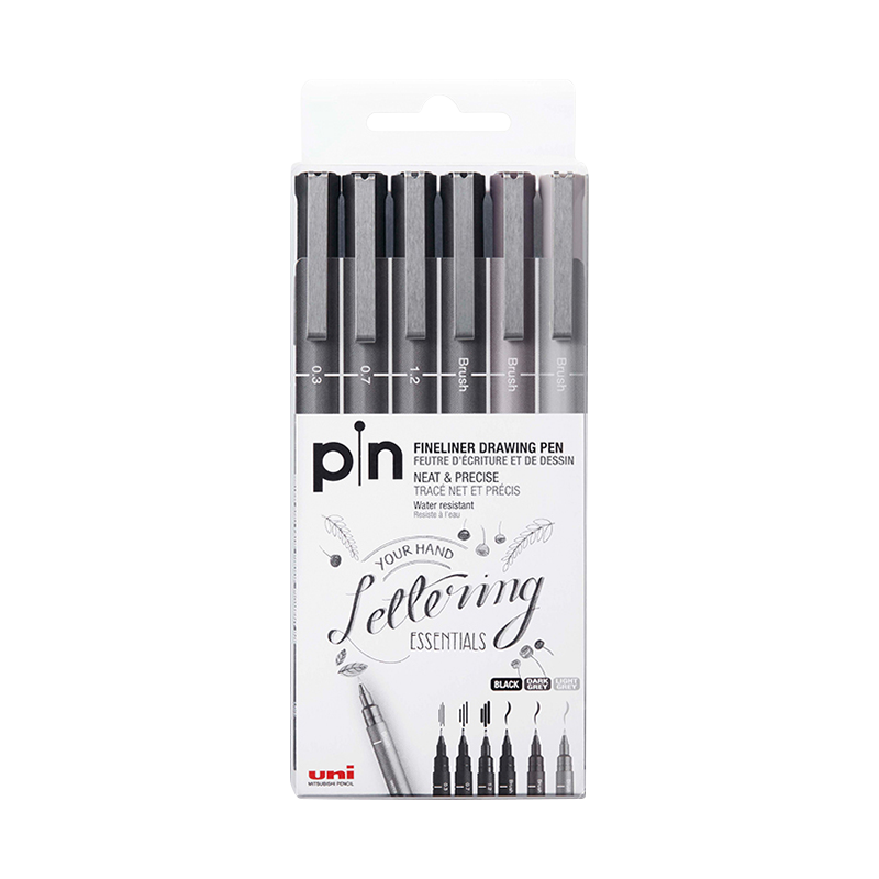 Uni Mitsubishi Water-Based Drawing Needle Tip Pen, PIN-200 Art Comic Design Outlining Pen, Black/dark Gray/light Gray, 6-Piece Set (3 Brush Tips)