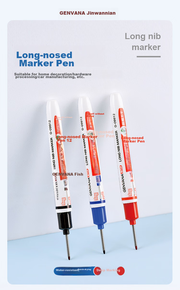 Genvana Oil-Based Long-Tip Marker Pen, Multi-Purpose for Furniture, Bathroom, Tiles, Hole Punching, Line Drawing, Deep Long-Tip Marker Pen, Red, 10 Pieces, G-09912 1