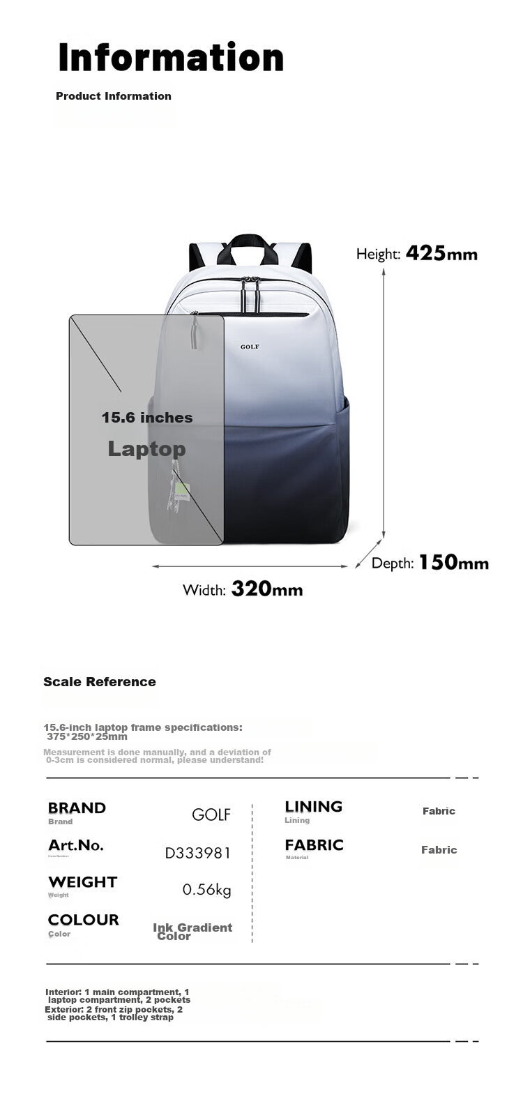 GOLF Backpack for Men, Travel Bag, 15.6/16 Inch Laptop Backpack, Gradient Design, Business Commute Backpack for Students And Professionals 17