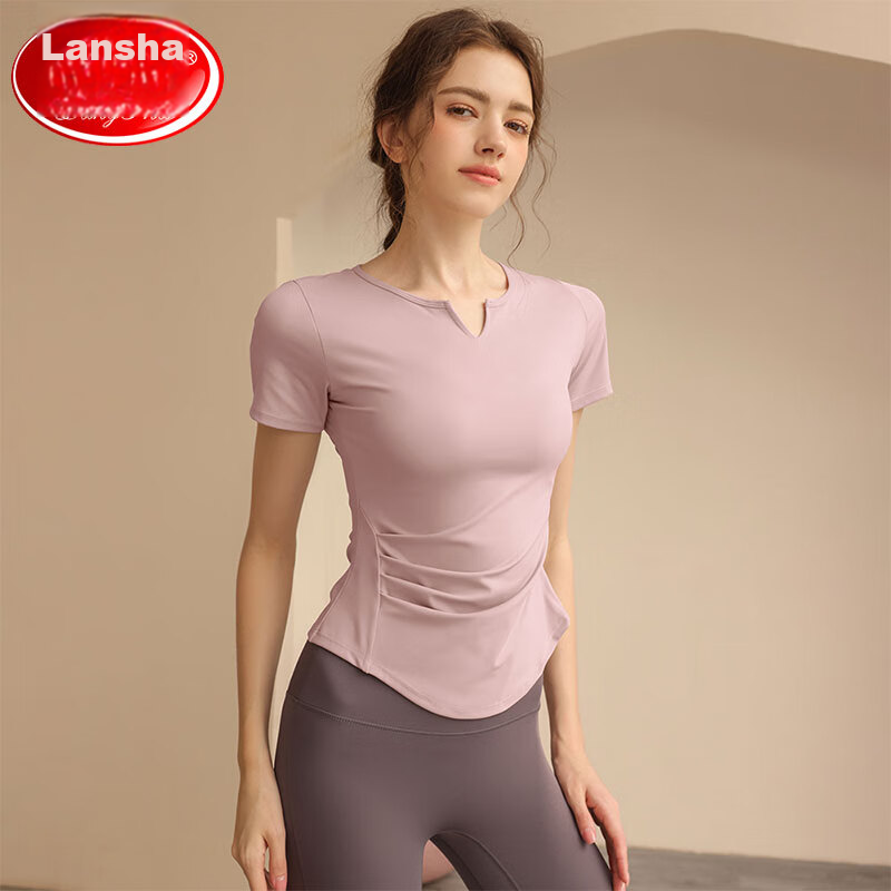 LangSha Yoga Top for Women, Short-Sleeve T-Shirt, Slimming Pilates Running Training Tight-Fitting Quick-Dry Fitness Wear, Pink-Purple, Size L