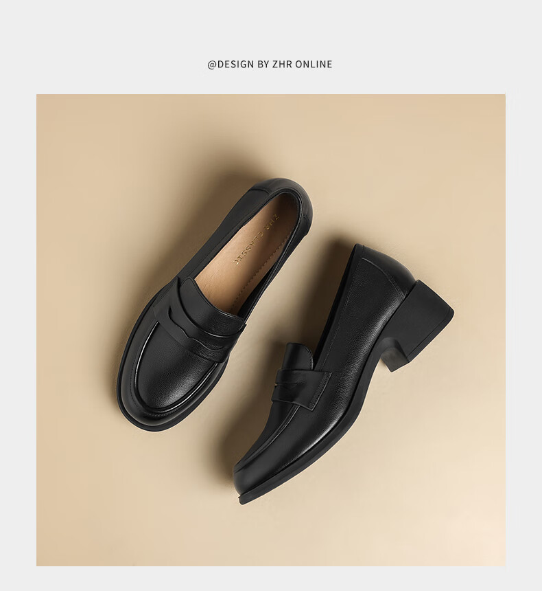 ZHR Top-Grain Leather Loafers for Women, Chunky Heel Commuter Leather Shoes, Slip-On Soft-Soled Flats for Women KM03 Black Size 40 7
