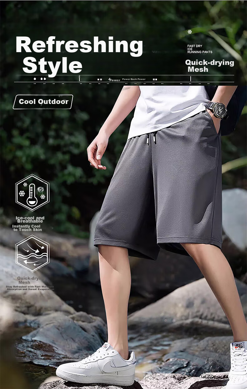 Warrior Shorts for Men, Summer Sports Casual Mid-Length Pants, Loose-Fitting Knee-Length Shorts, Quick-Dry Ice Silk Beach Shorts, Black, 3XL 1