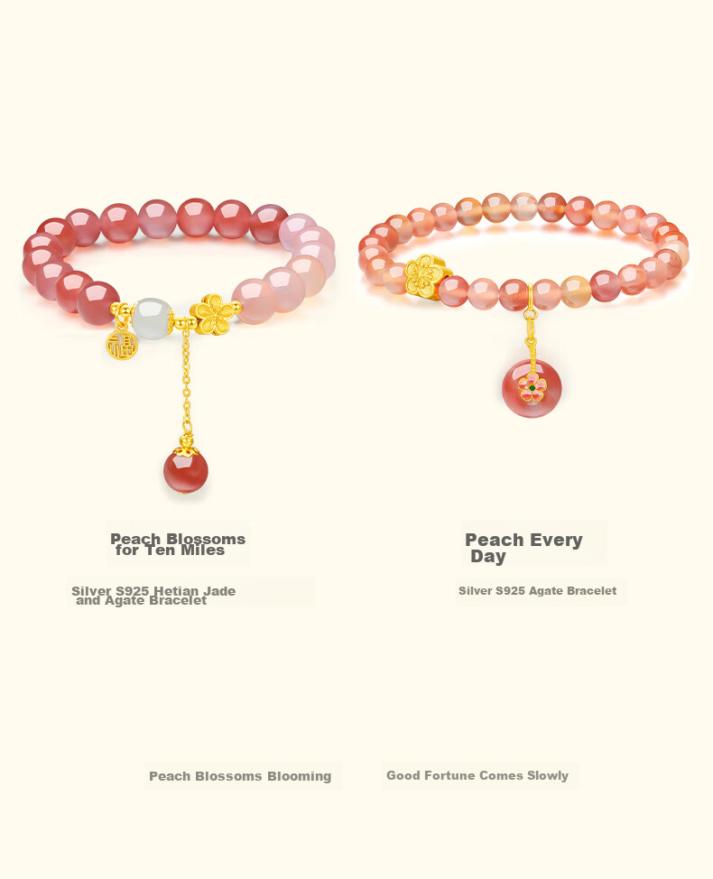 CHOW TAI SENG Peach Blossom Agate Bracelet, Silver Bracelet for Women, 2026 New Style, Graduation Birthday Gift for Ladies, Present for Girlfriend 2