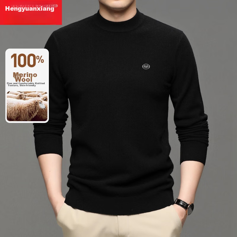 Hengyuanxiang Men's Thick 100% Pure Wool Sweater, Autumn And Winter Solid Color Round Neck Casual Knit Pullover for Young And Middle-Aged Me