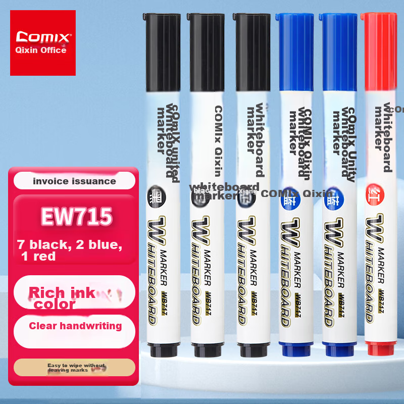 COMIX Erasable Whiteboard Markers Set, Smooth Writing, 7 Black 2 Blue 1 Red Mixed Colors, 10 Pcs/box, EW715, Office Stationery for Meetings And Teaching