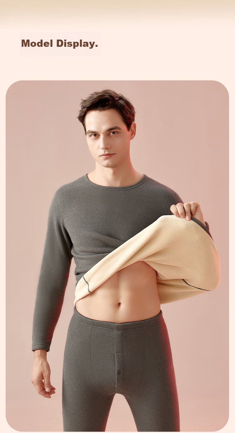 Hengyuanxiang Wool And Silk Thermal Underwear, Fleece-Lined, Extra Thick, Mid-Collar Autumn Top And Bottom Set 16