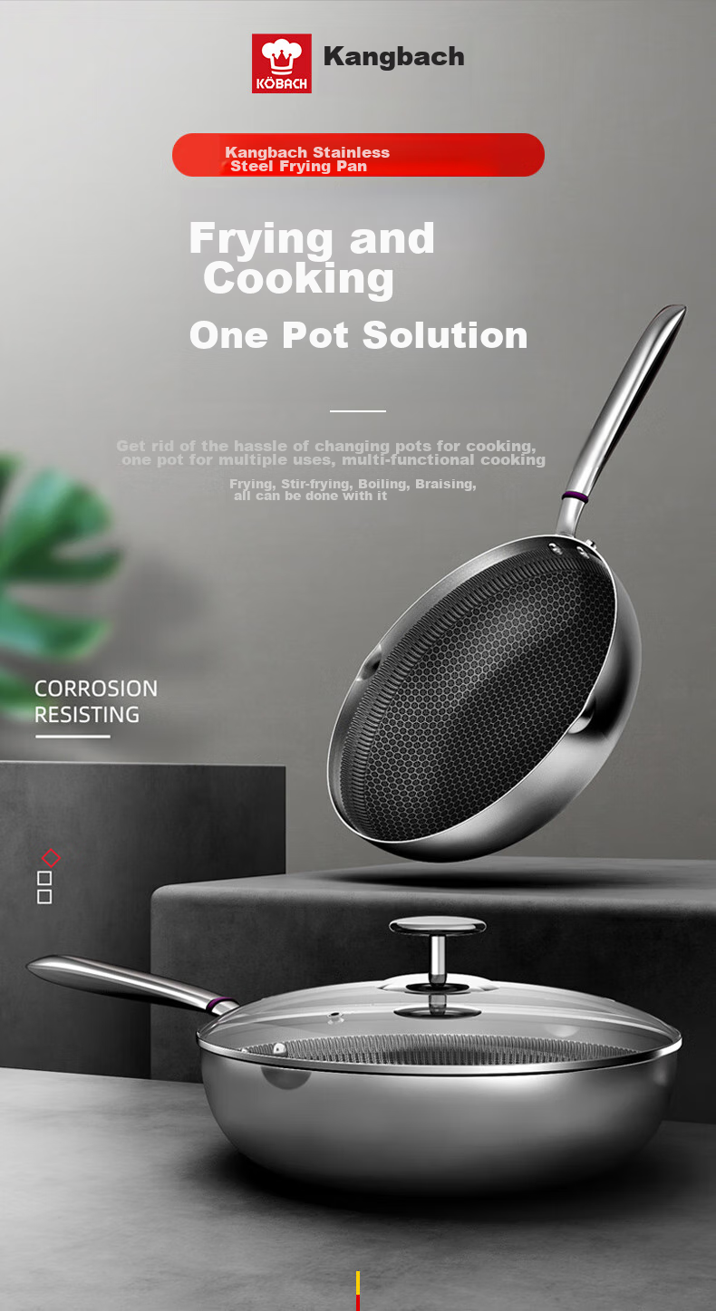 KBH 316L Stainless Steel Frying Pan, Non-Stick Pan, 30cm, Suitable for Home Use with Gas Stove Or Induction Cooker 1