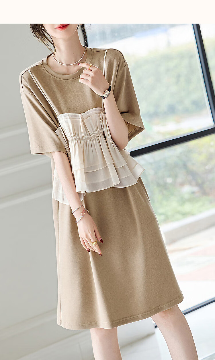 Dme [Light French Style Guide] Summer Round Neck Flowy Mesh Spliced Knit Gentle Knit Dress, Mid-Length for Wome 15