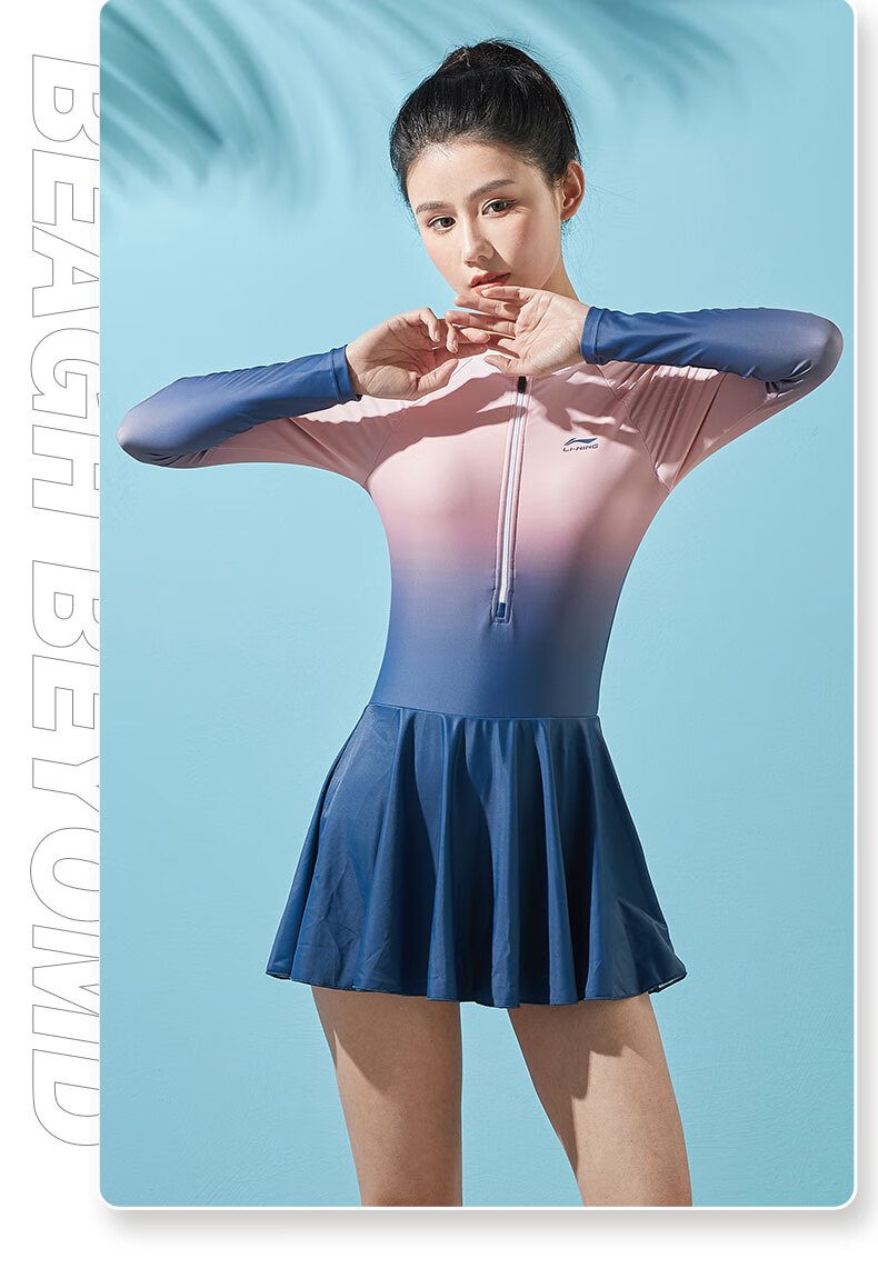 Li-Ning One-Piece Long-Sleeve Dress Swimsuit for Women, Comfortable High-Elasticity Breathable Contrasting Color Hot Spring Resort Swimwear 075 Blue-Red XL 11