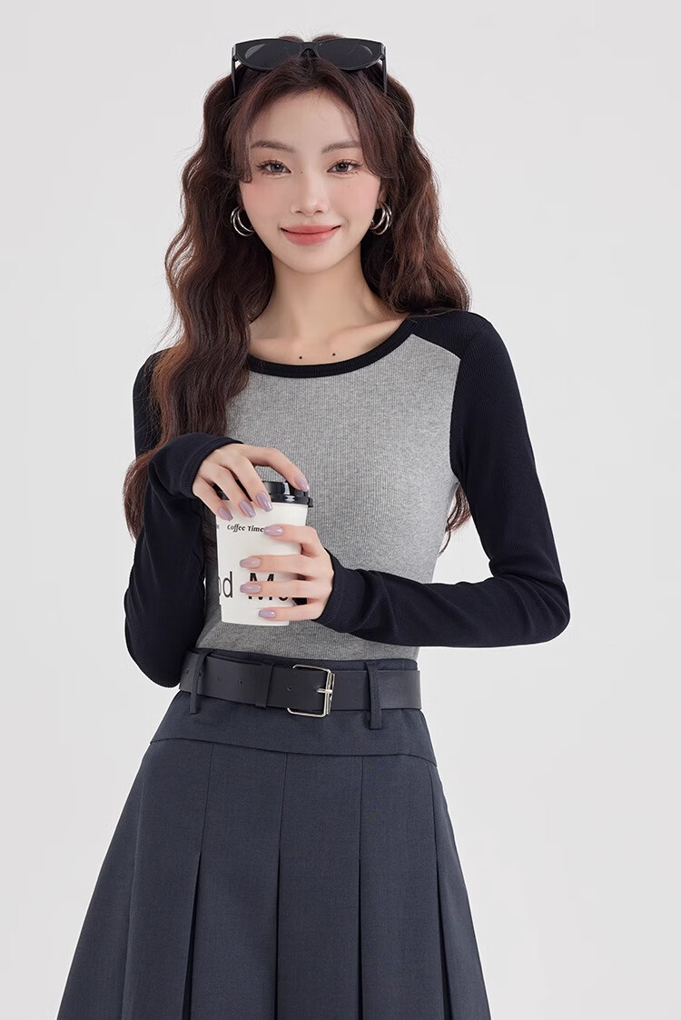 NOME Color Block Spliced Long Sleeve T-Shirt for Women, Autumn New Style Design Inner Layer Raglan Sleeve Top, Gray, L 2