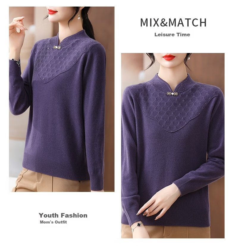 Hengyuanxiang Women's 100% Pure Wool Sweater, New Chinese Style Middle-Aged Mom's Outfit, 50-60 Years Old Stylish Zodiac Year Base Layer Red Sweater 14