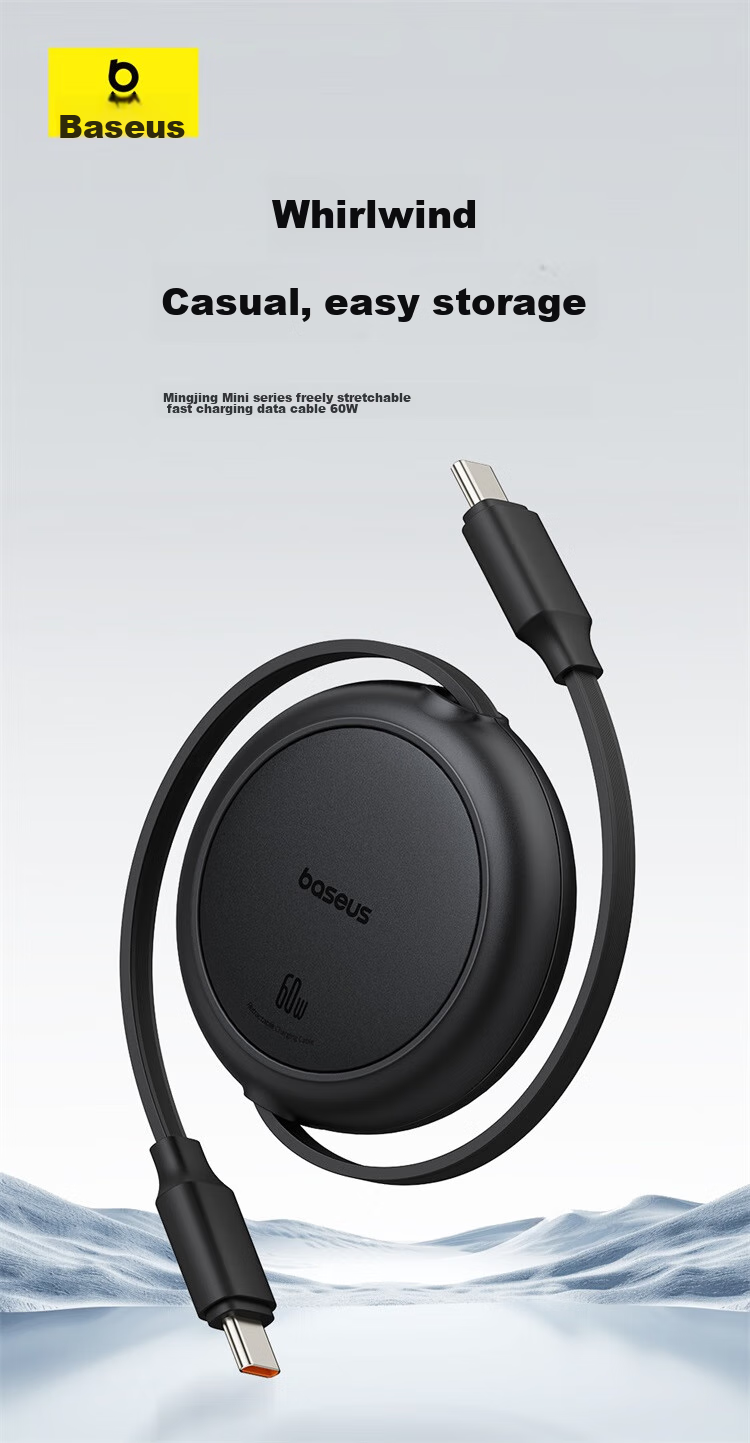 Baseus Retractable Type-C Data Cable, 3A Fast Charging Cord, Compatible with Apple 15/16 Pro Max/Huawei Mate70, Charging Cable for Xiaomi Phones, Carplay, Car-Mounted, 1 Meter 1