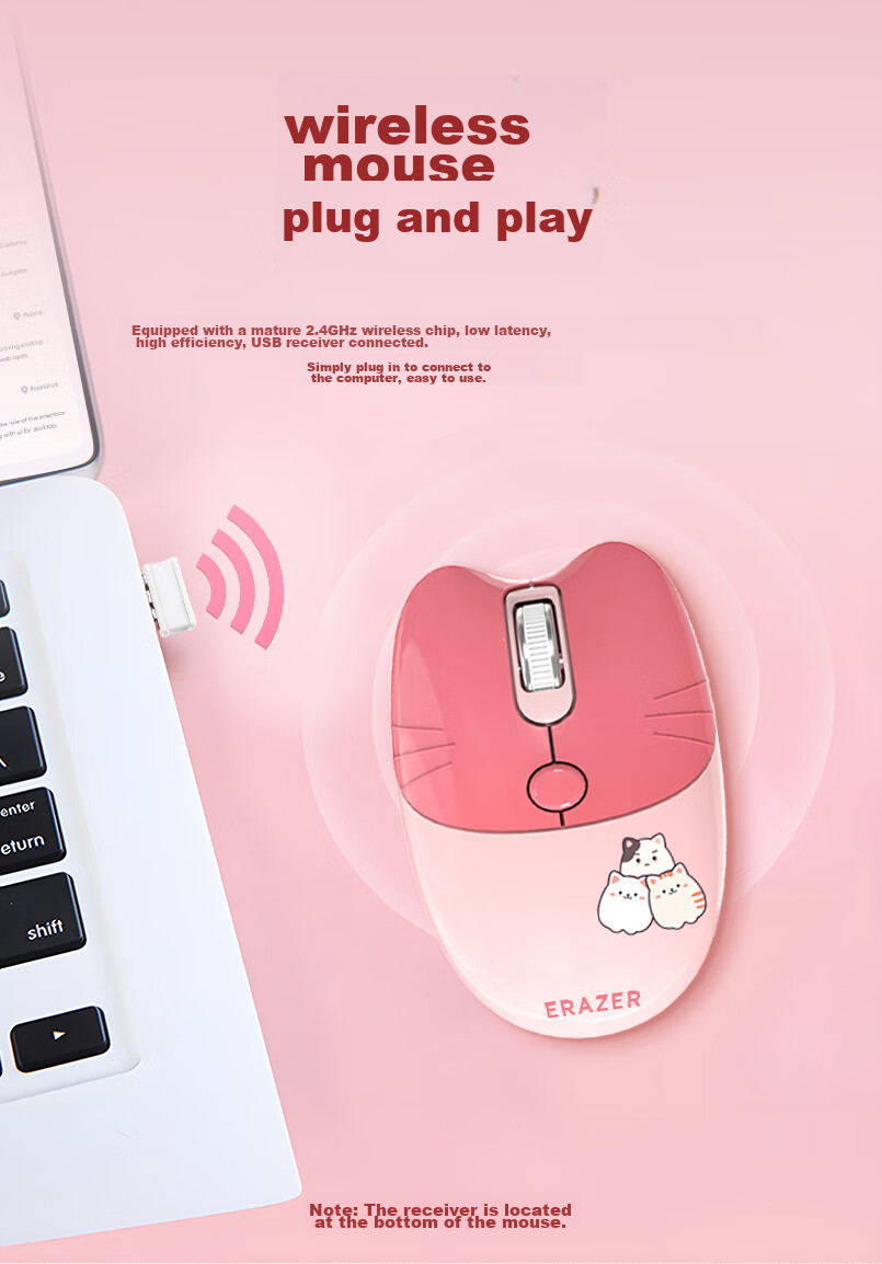 Lenovo Invests in Brand Yinengzhe Wireless Mouse, Quiet And Portable, Gift for Women, Compatible with Desktop/Lenovo Legion/XiaoXin Laptops, Cat Ear Peach Pink N521 4