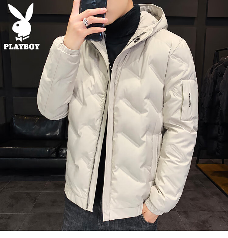 PLAYBOY Men's Autumn Winter Hooded Lightweight Warm Down Jacket Workwear Black 2XL 6