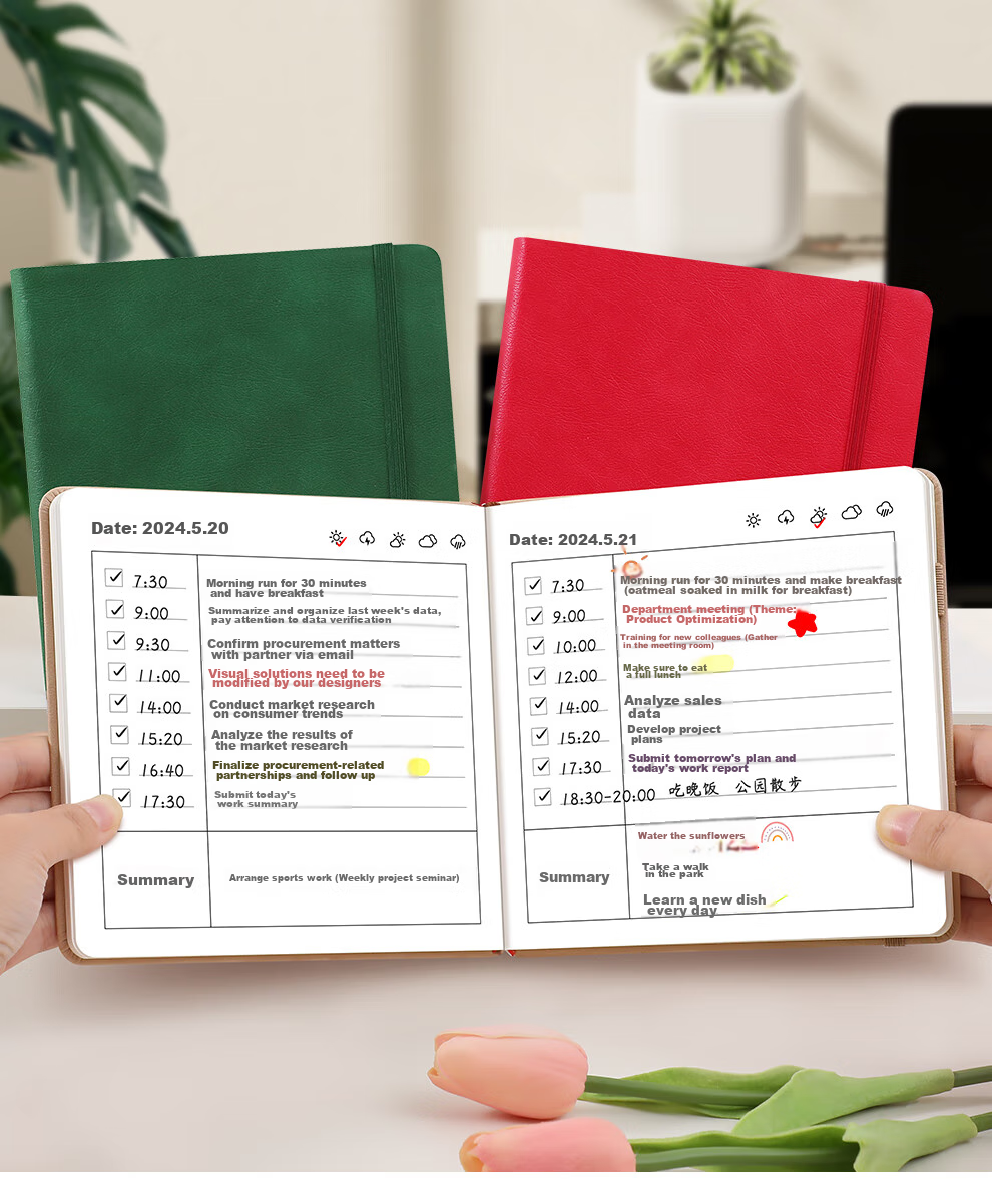 Zuolanzhe Daily Planner Portable Pocket Notebook Square Notepad Time Management Self-Discipline Check-In Schedule Book Handheld Journal Thick Diary Work Study Notebook Red 2