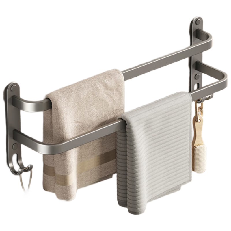 Cobbe Towel Rack, Bathroom No-Drill Storage Shelf, Wall-Mounted Gunmetal Space Aluminum Double-Layer Towel Hanging Rod, Bathroom Double-Rod Accessory