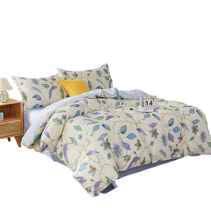 Hengyuanxiang Pure Cotton Four-Piece Bedding Set with Antibacterial Printed Design, Ultra-Soft And Skin-Friendly (Duvet Cover 2*2.3m) Blooming Lotus