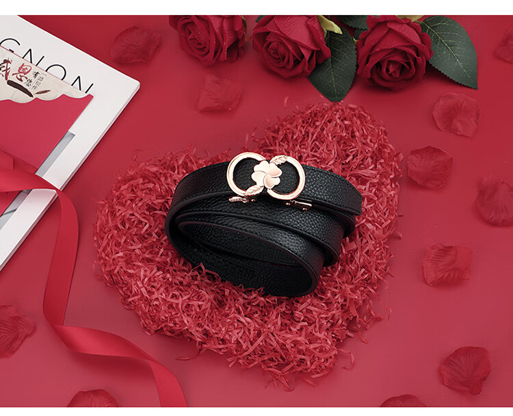 CROCODILE Top-Grain Leather Fashion Belt for Women, Automatic Buckle, Exquisite And Simple Waist Belt T3707 Black Gift Box Set 14