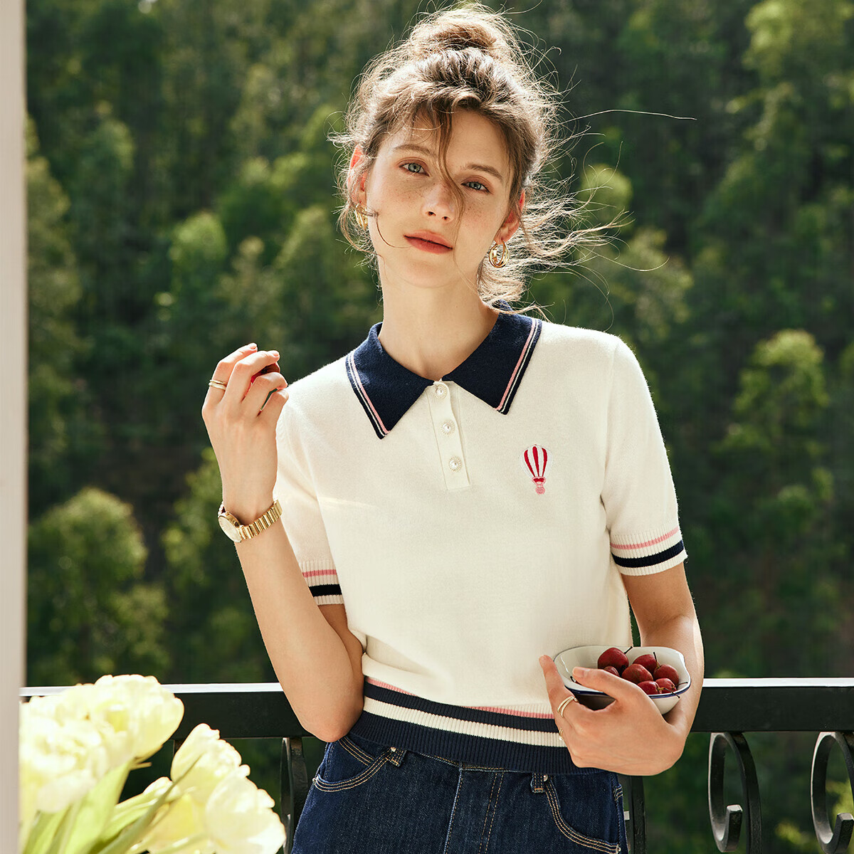 Olrain Eurielle French Style Polo Collar Short Sleeve Knit Top Summer Women's Loose Fit College Style Shirt Off-White L