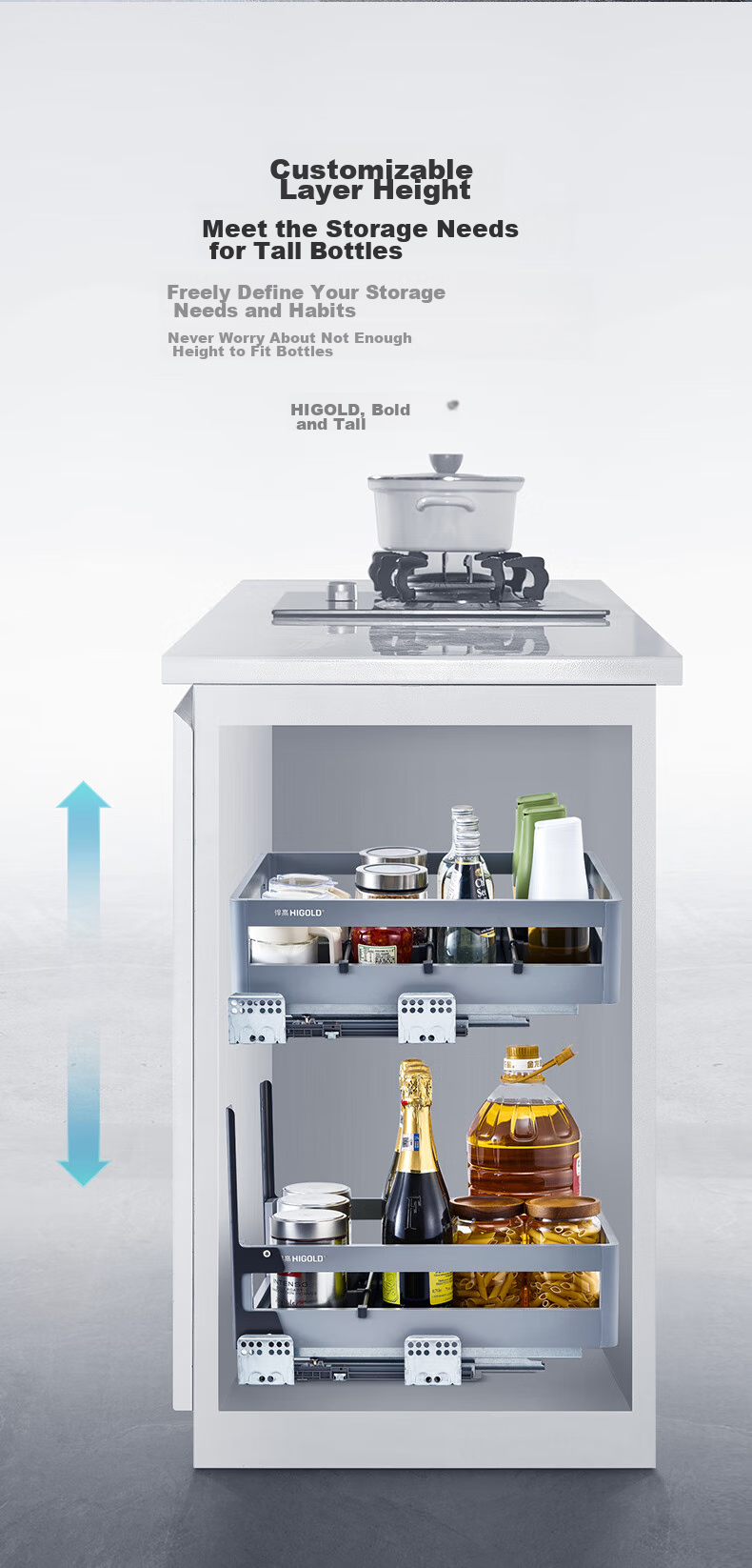 HIGOLD Kitchen Double-Layer Cabinet, Spice Drawer-Style, 304 Stainless Steel Bowl Basket, Seasoning Basket, Dish Rack Storage Cabinet 4