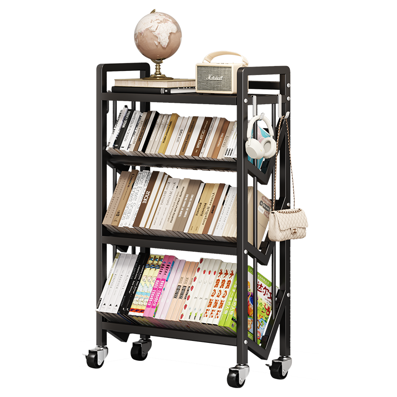Leshengtu Mobile Bookshelf with Wheels, Small Storage Rack, Steel Book Organizer Shelf, Black, 4-Tier, LB44