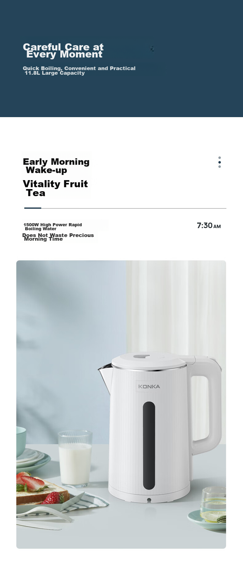 KONKA Electric Kettle, 304 Stainless Steel Double-Layer Anti-Scalding, 2.2L Large Capacity, Household Insulated Water Boiler, Hot Water Kettle, KDSH-2233 10