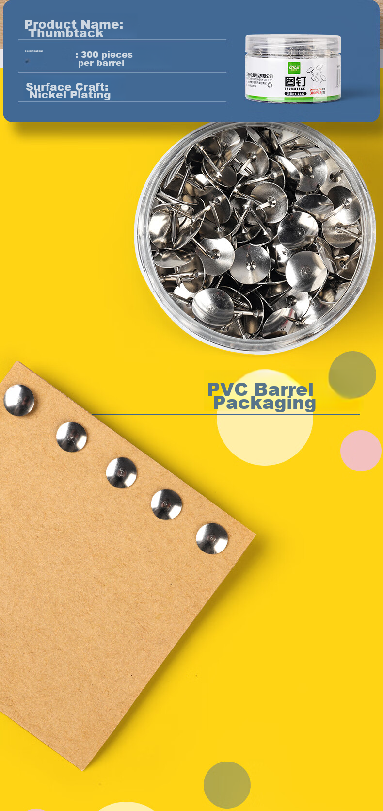DiLe Premium Series Metal Pushpins, Round Drawing Pins, Cork Board Tacks, Large Head Nails, Wall Nails, Office Supplies, Pushpins 300 Pieces/tube 2220 2