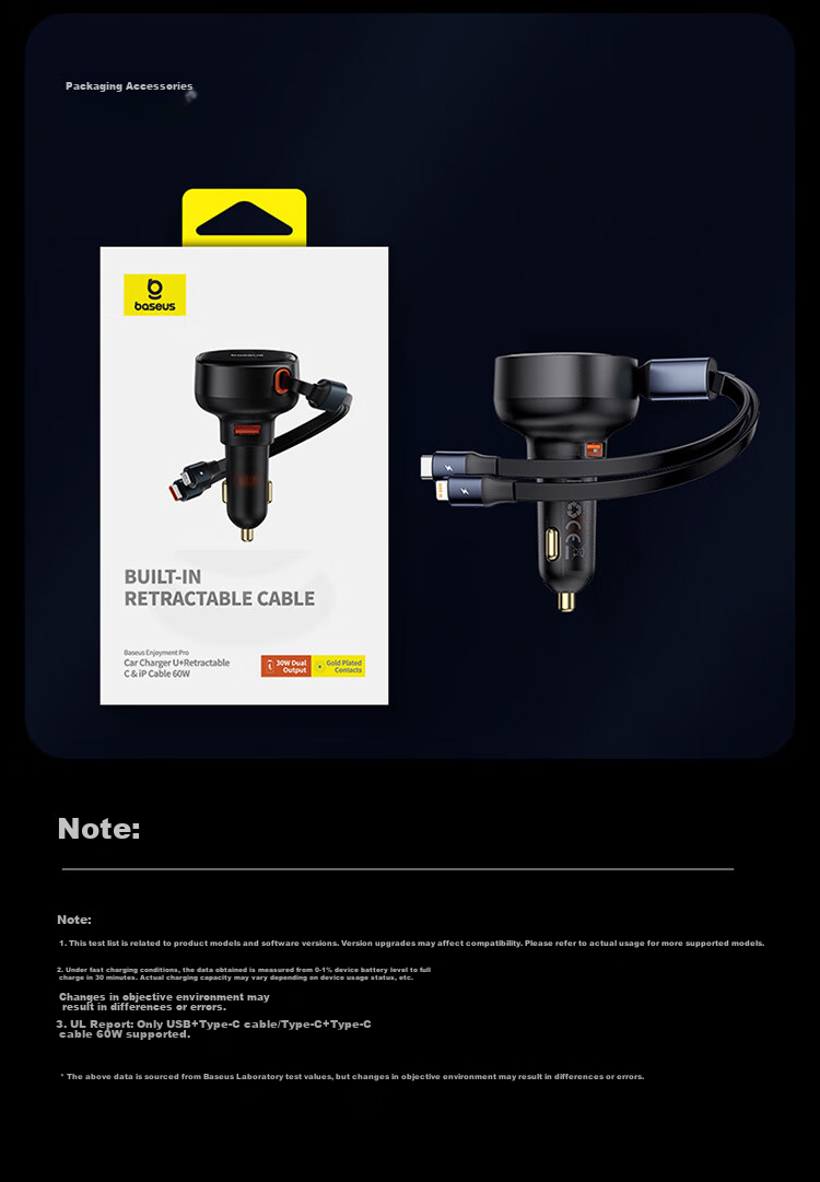 Baseus Car Charger Cigarette Lighter Three-In Super Fast Charging Adapter with Retractable Cable Compatible with Apple, Huawei, Xiaomi 21