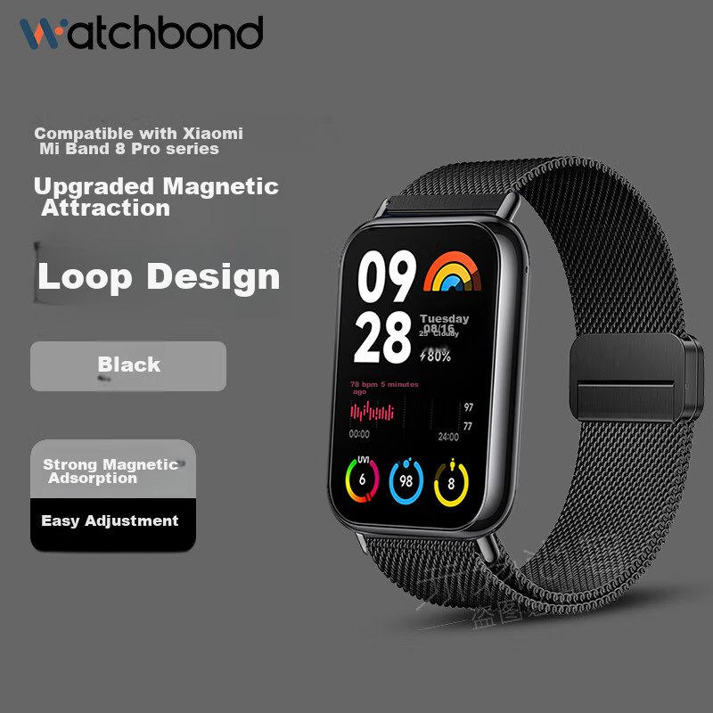 Watchbond Compatible with Xiaomi Band 9 Pro Strap, Upgraded Milanese Magnetic Stainless Steel Band, Redmi Watch 5/4 Strap Upgraded Version, Xiaomi Band 8 Pro Wristband