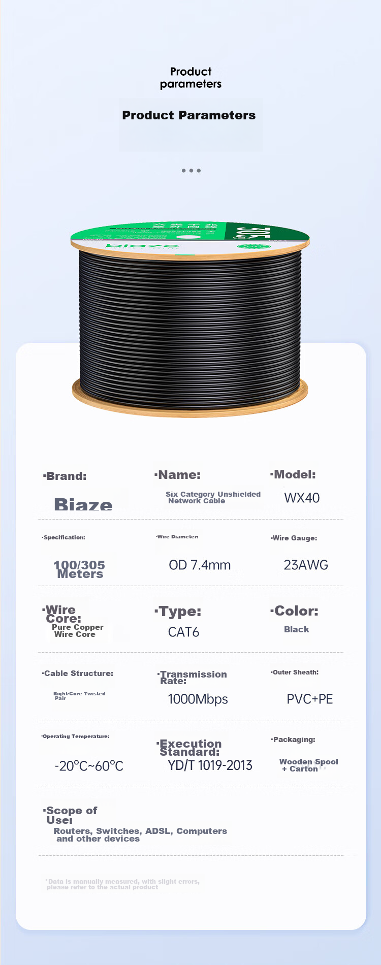 BIAZE Category 6 Gigabit Outdoor Ethernet Cable, Engineering Grade 0.57mm Unshielded Pure Copper Twisted Pair Outdoor Waterproof Sun-Resistant Frost-Proof Snowproof Wear-Resistant Anti-UV Cold-Resistant 305 Meters 19