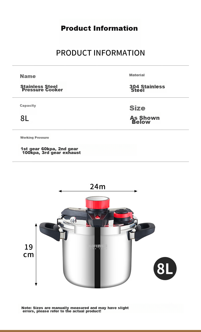 OLOFE Pressure Cooker, Gas And Induction Compatible, 304 Stainless Steel, 8L, Baoshikang European Style Explosion-Proof, Deep Single-Handed Opening And Closing Pressure Cooker 12
