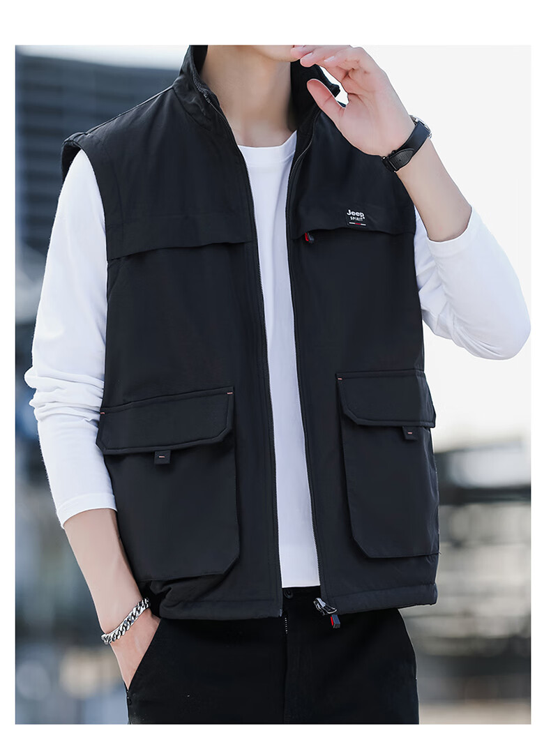 JEEP SPIRIT Fleece-Lined Casual Vest for Men, Spring And Autumn Wear, Two-Way Vest, Workwear Jacket, Khaki, 2XL 8