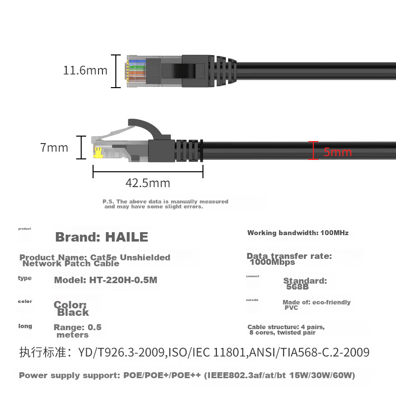 HAILE, Category 5e Pure Copper Twisted Pair Cable, Network Patch Cord HT-220H 8-Core Oxygen-Free Copper Core, Unshielded, Cable, Black 2 Meters 8