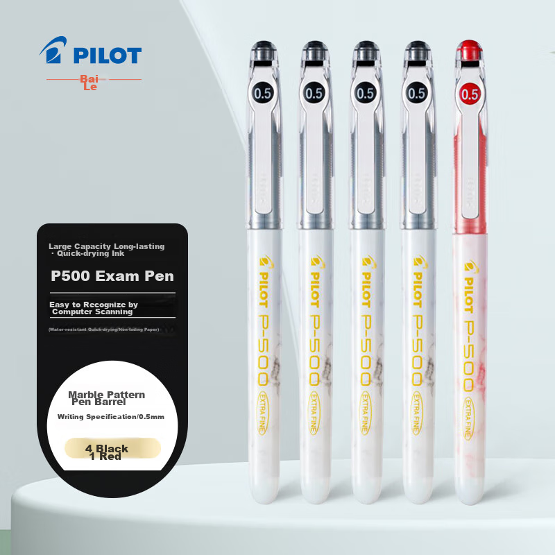 PILOT P500 Gold Label Gel Pen, 0.5mm Signature Pen, Business Direct Liquid Rollerball Pen, Student Exam Writing Pen, High-Value Stationery Set, 4 Black And 1 Red, 5 Pens