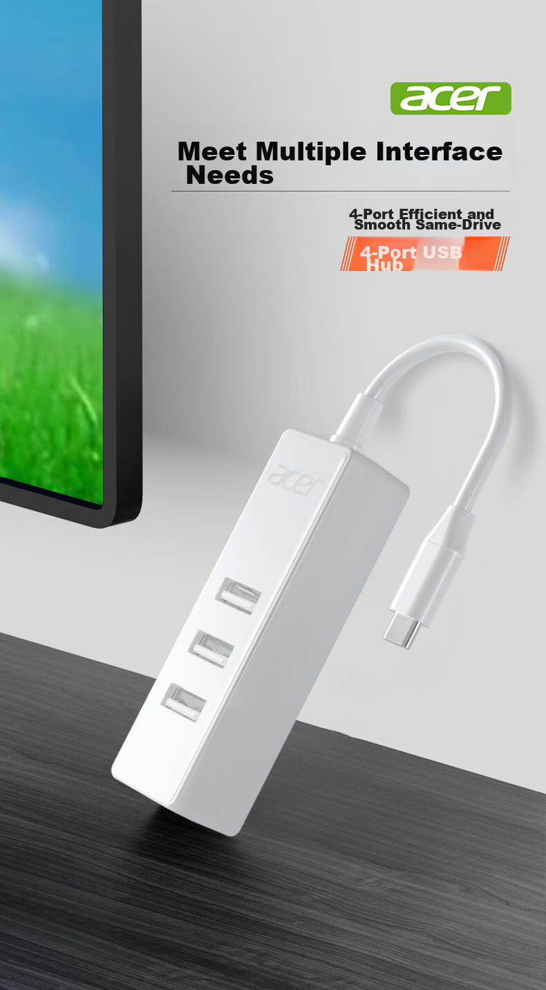Acer Type-C to USB Hub, High-Speed 4-Port Hub Extender, Multi-Port Adapter for Laptops, Desktops And Phones 1