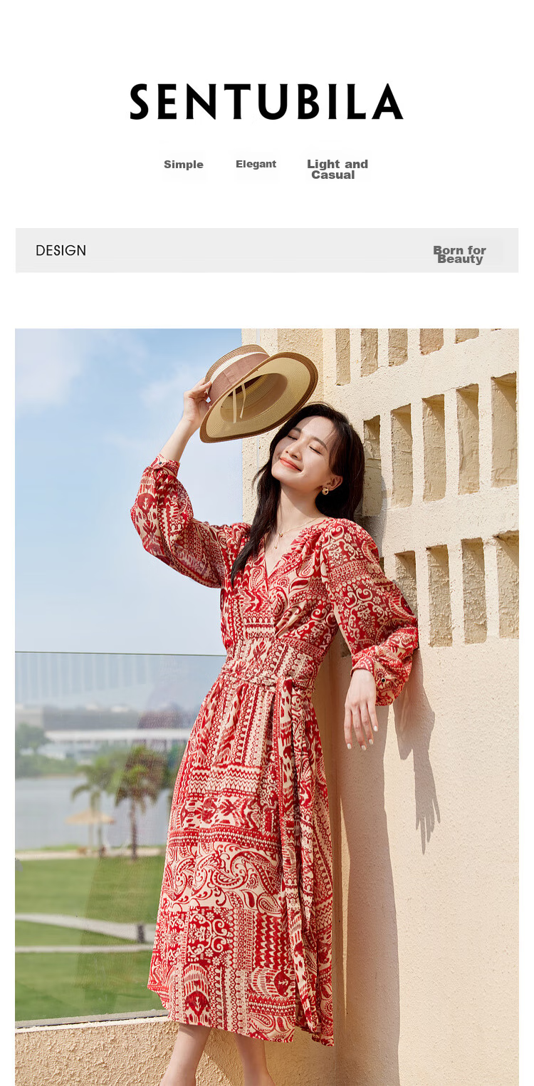 Sentubila Spring And Autumn Mid-Length Floral Print Red Dress, Elegant Goddess Style Slimming Vacation Dress, Red Floral Pattern, Size S 1