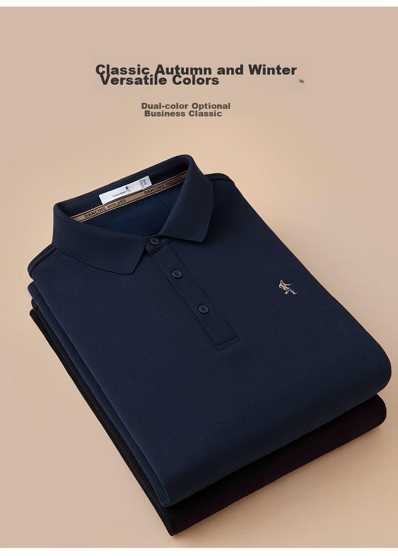 DANCING WOLVES [Fleece-Lined] Autumn And Winter Fashion Business Commute Versatile Men's Long-Sleeve POLO, 001 Black, Size 165 2