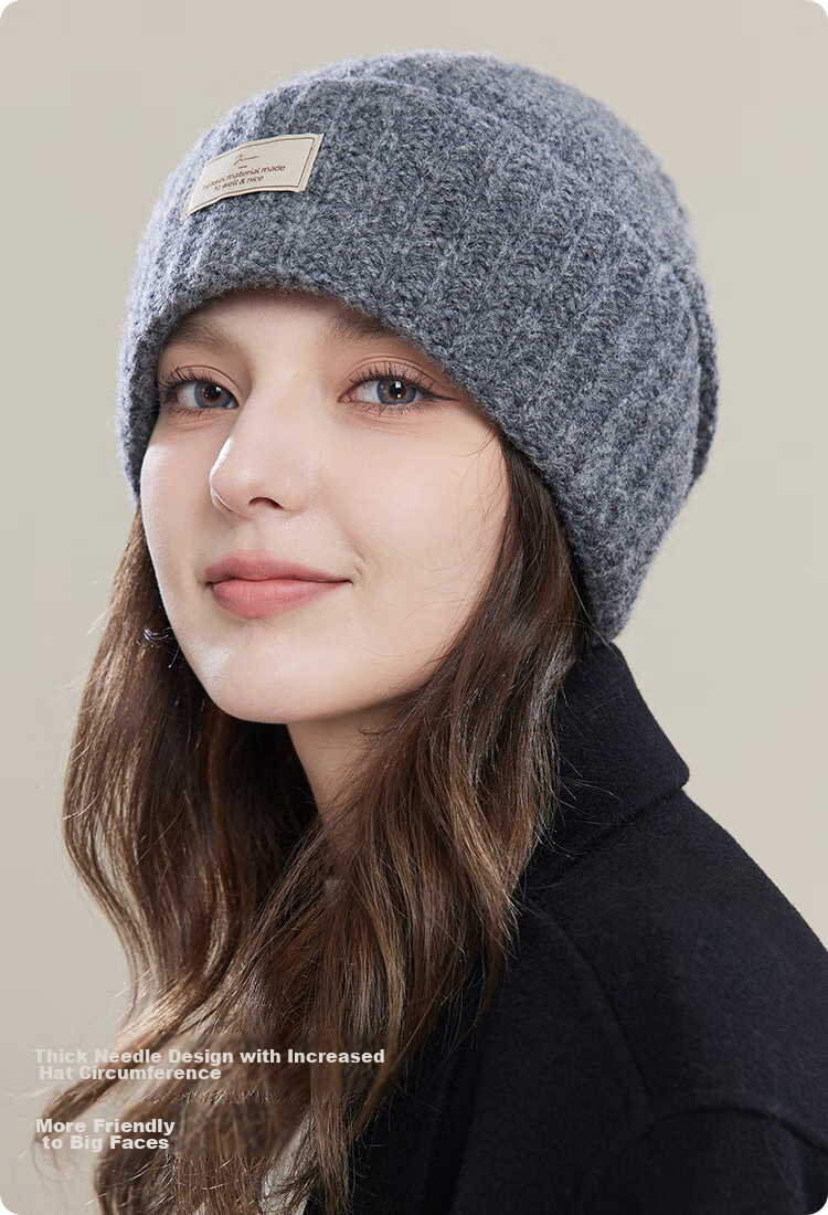 JIUMU Pure Wool Warm Knit Hat, Autumn And Winter Knitted Cap, Cold Hat, Winter Hat, Large Head Circumference Slouchy Hat, Cold-Proof Hat for Women in Winter 5