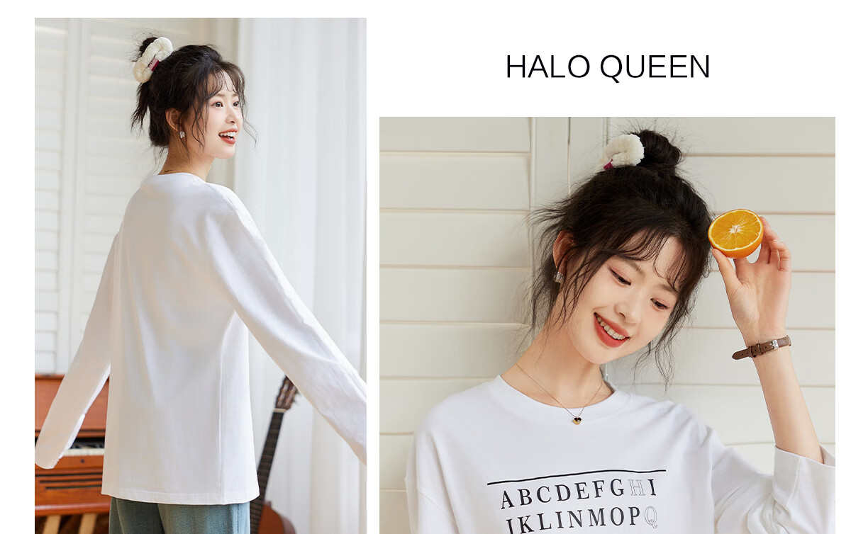 Halo Queen Women's Long Sleeve Cotton T-Shirt Spring Autumn Round Neck Letter Bow Print Casual Base Shirt New H143T2009 55