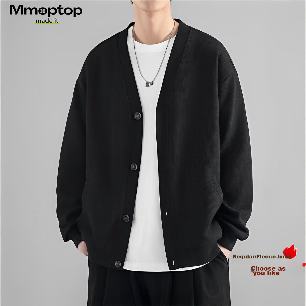 MMOPTOP Japanese-Style Solid Color Knit Sweater, Long-Sleeved Men's Spring And Autumn Vintage Loose V-Neck Cardigan MT2350 Black L