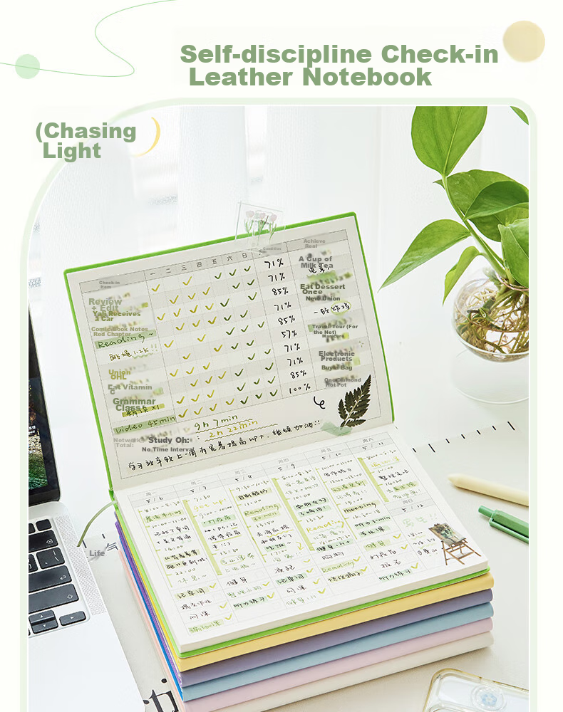 Sannianerban A5/60 Sheets Self-Discipline Check-In Leather Notebook, Student Study Planner, Weekly Schedule Book, Time Management Daily Task Calendar, Parrot Gree 1