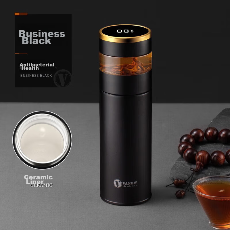 Vanow Insulated Mug with Smart Temperature Measurement, Tea Infuser Cup with Ceramic Inner, Portable Car Cup for Men And Women